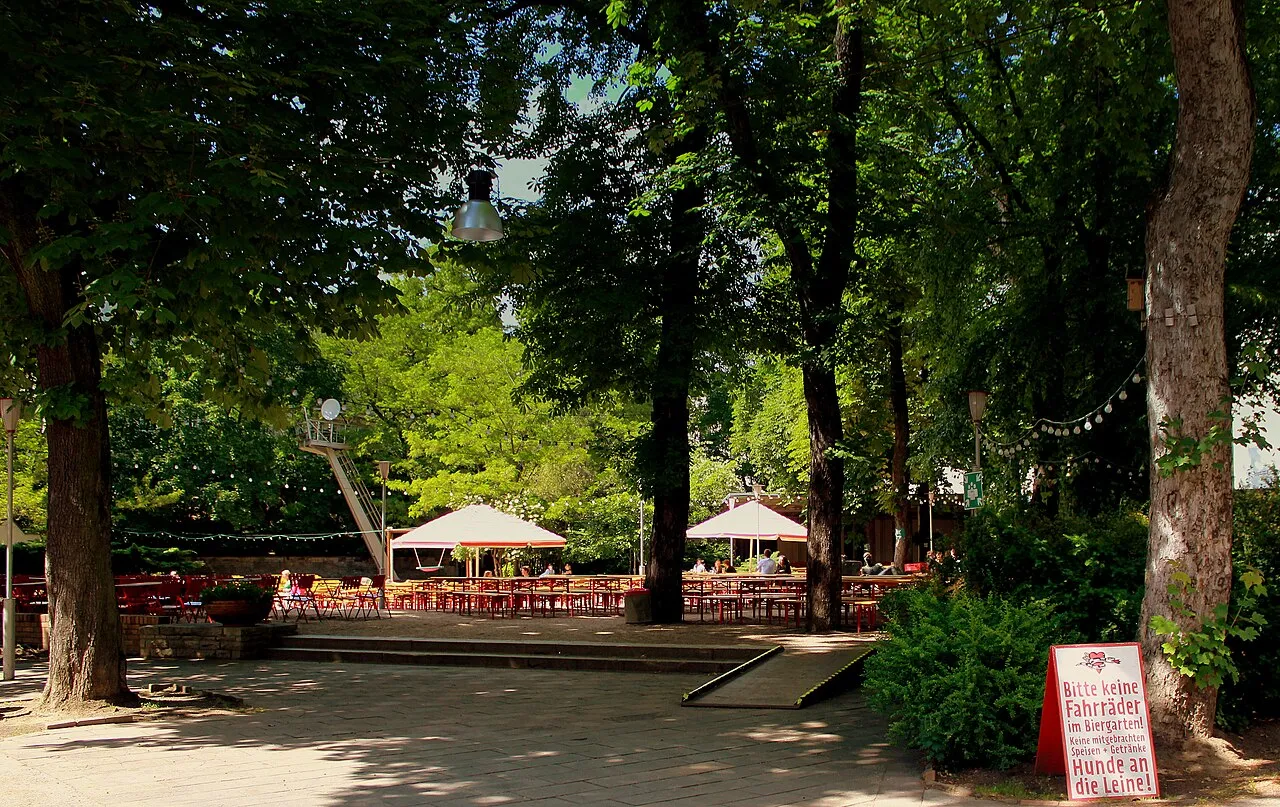 Tables et bancs en bois sous les arbres d'un biergarten berlinois, avec parasols et guirlandes lumineuses