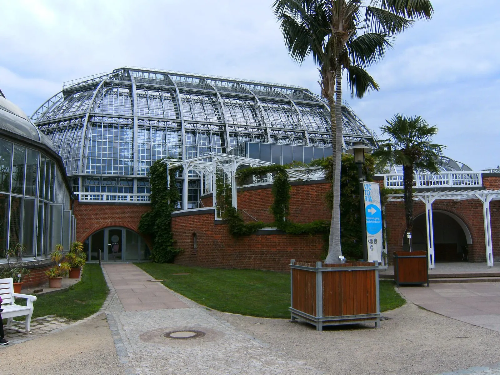 Le grand ensemble de serres du jardin botanique de Berlin-Dahlem, avec sa toiture vitrée cintrée, sa base de briques rouges et une allée plantée de palmiers en bac