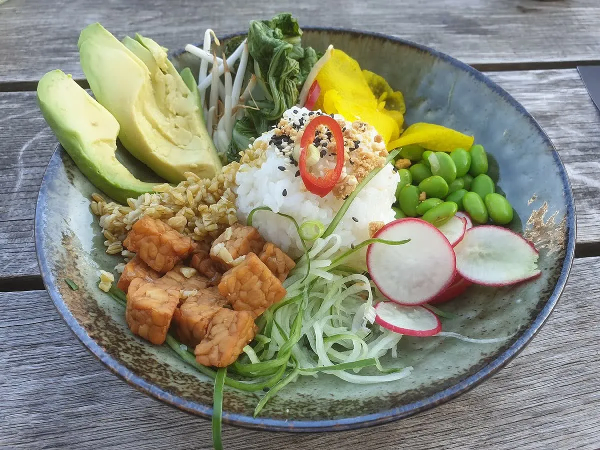 Bol végétarien garni de riz, de cubes de tofu dorés, d'avocat, de radis, de pousses et de feuilles vertes, servi dans un saladier en grès