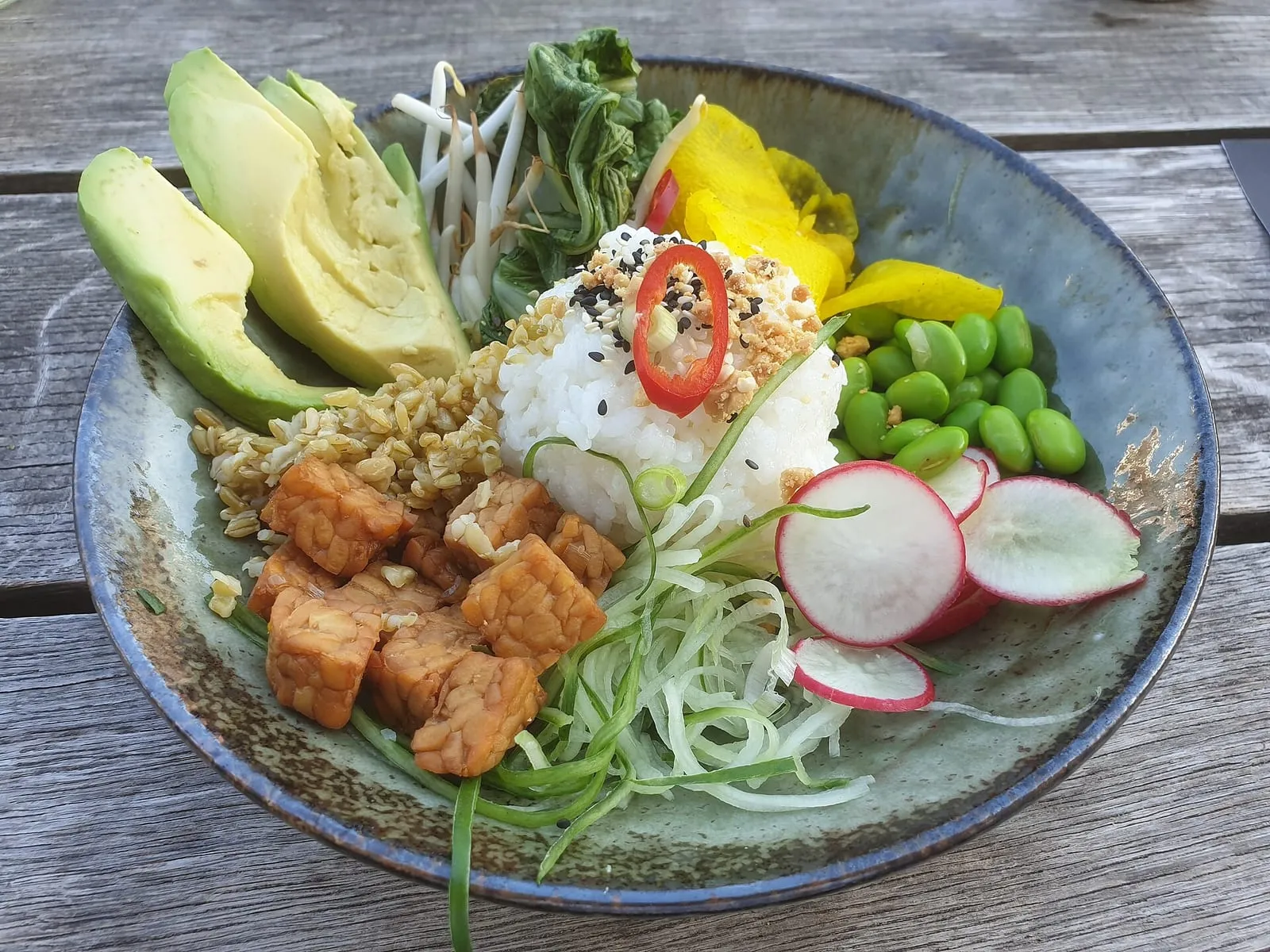 Bol végétarien garni de riz, de cubes de tofu dorés, d'avocat, de radis, de pousses et de feuilles vertes, servi dans un saladier en grès
