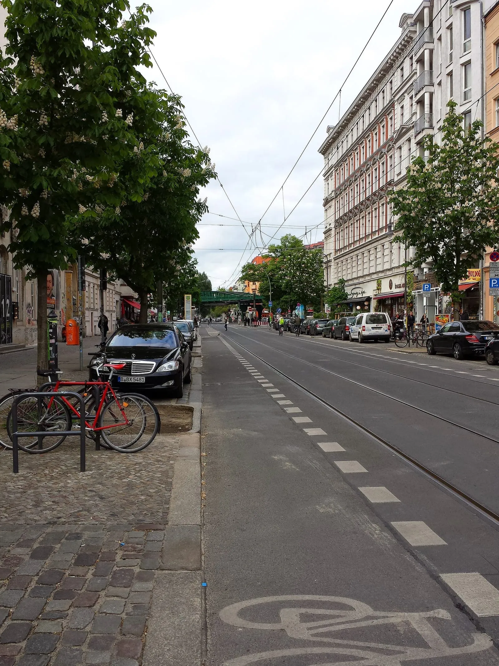 La Kastanienallee à Prenzlauer Berg, ses rails de tramway, ses immeubles anciens et ses arbres, avec un cycliste au loin