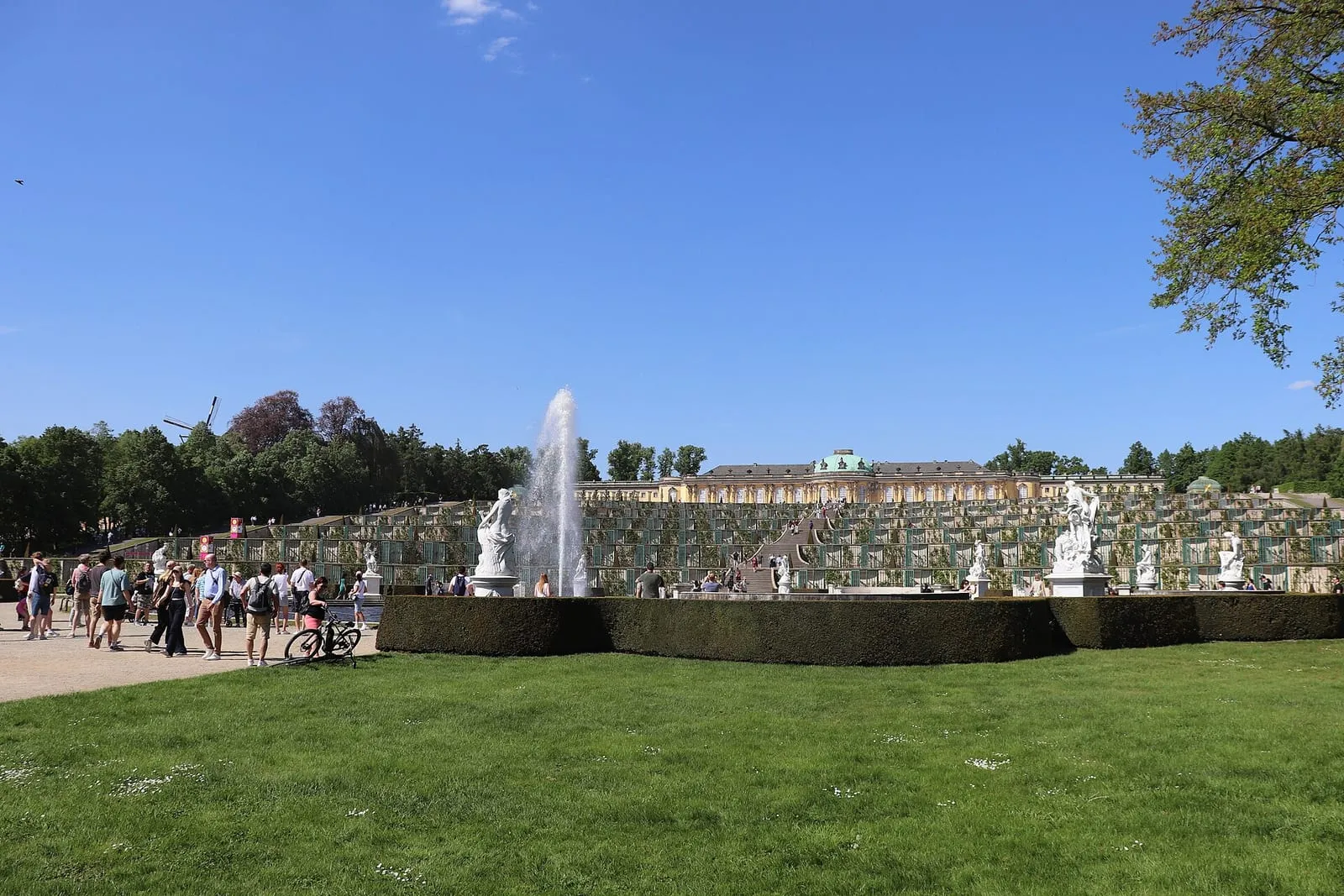 La grande fontaine du parc de Sanssouci et son bassin entouré de statues, avec le palais et les terrasses de vigne en arrière-plan